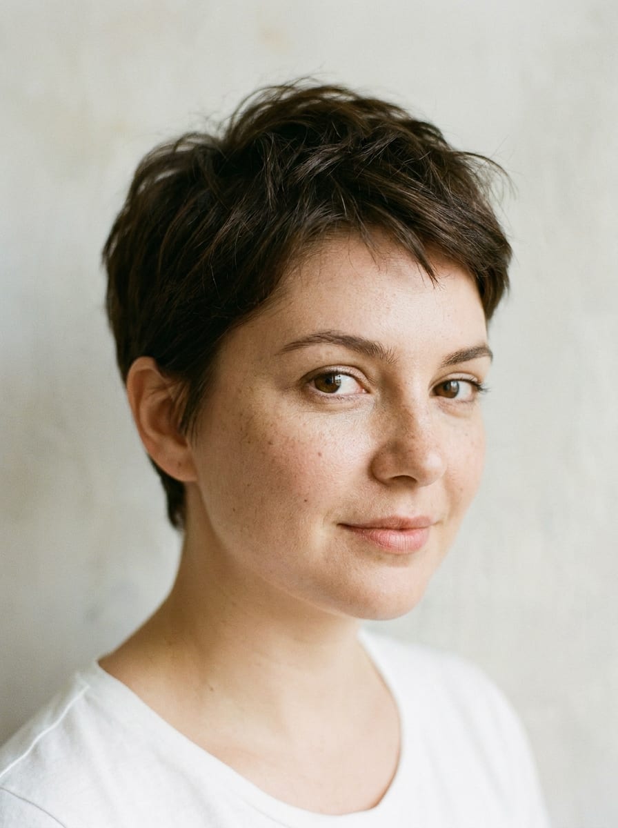 Textured Pixie mit Höhe am Oberkopf - Kurzhaarfrisur für rundes Gesicht
